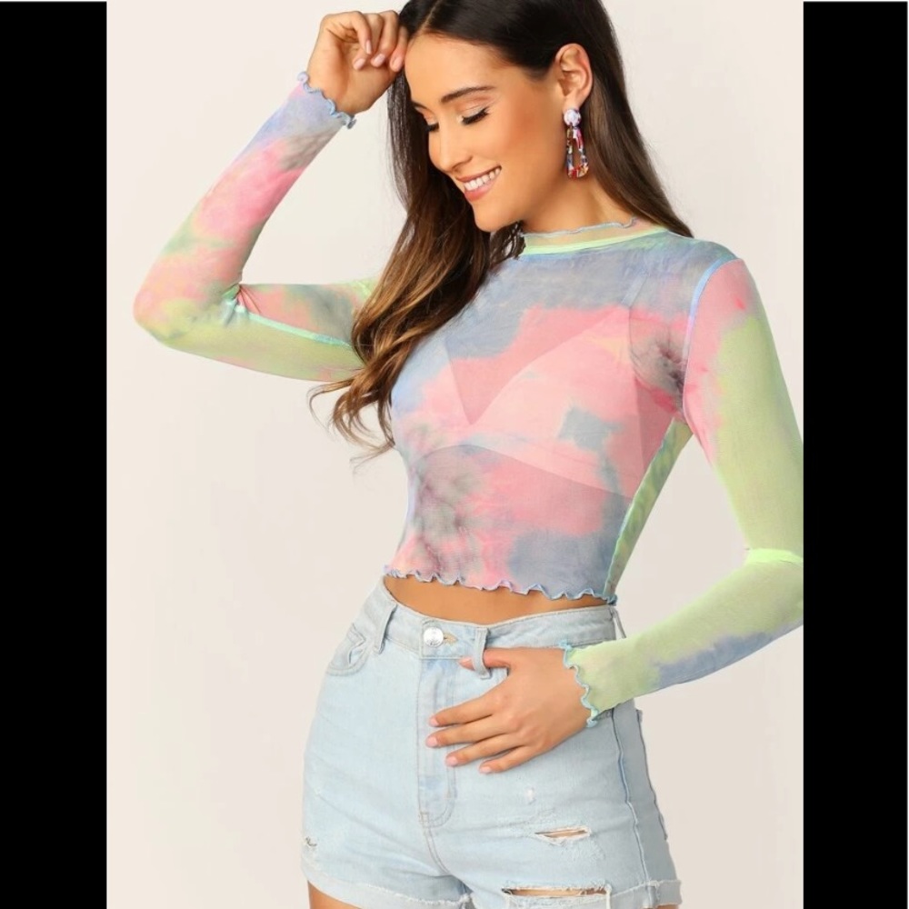 💋Sexy Lettuce Trim Tie Dye Sheer Crop Long Sleeve Top            Only 1 Left